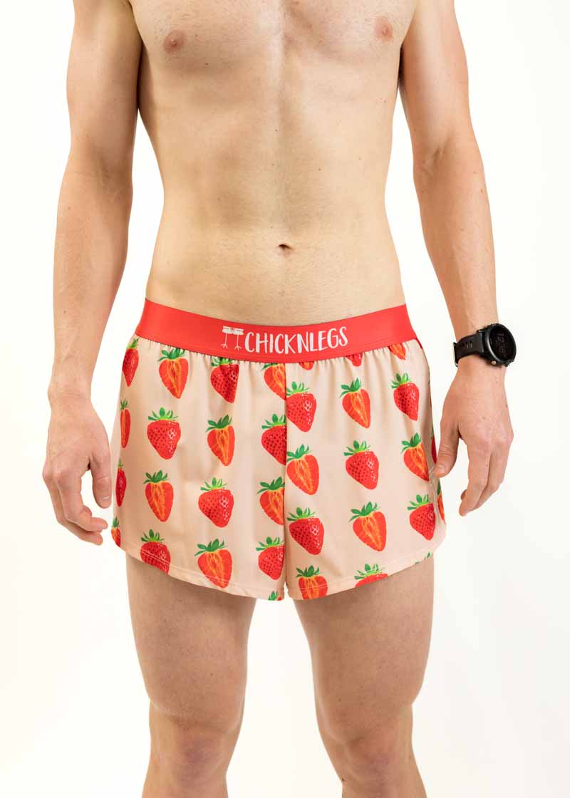 Front closeup view of the men's 2 inch split running shorts with our Strawberry design.