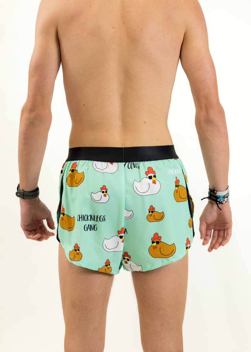 Back view of the men's 2 inch swaggy chickns split running shorts from ChicknLegs.