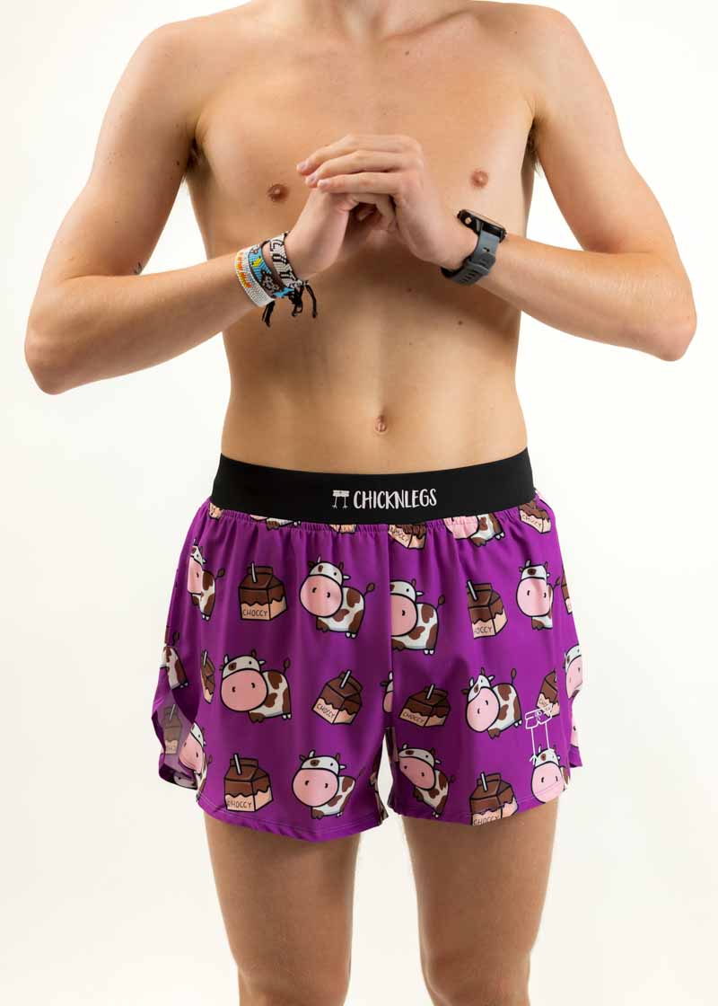 Front closeup view of the men's 4 inch choccy cows running shorts from ChicknLegs.