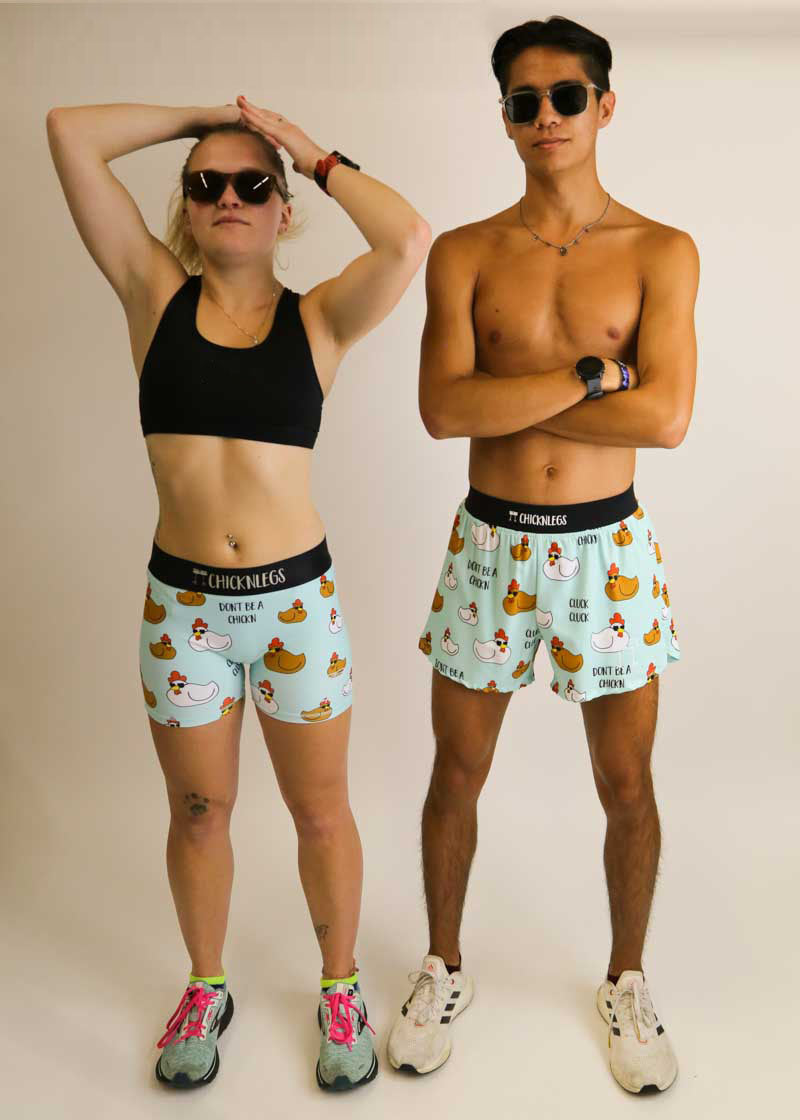 Runners wearing sunglasses and swaggy chickns running shorts.