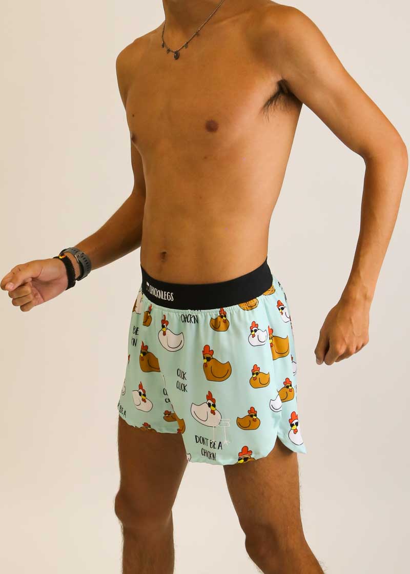 Side view of the men's 4 inch swaggy chickens running shorts from ChicknLegs.