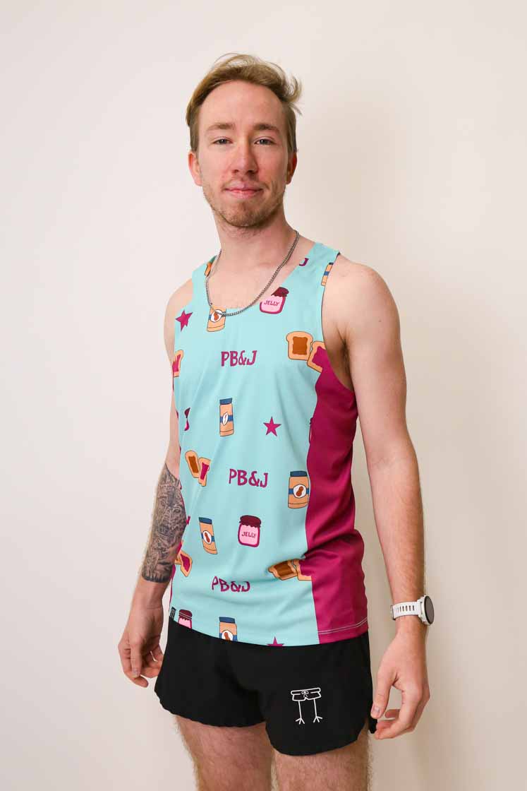 Side view of the men's PB&J performance running singlet.