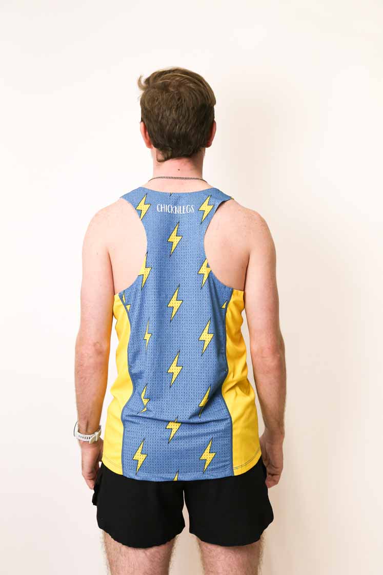 Back view of the ChicknLegs blue bolts performance running singlet featuring a breathable mesh back panel.