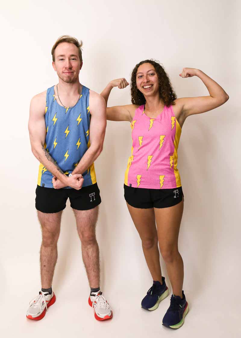 Runners flexing and matching in the pink and blue bolts performance running singlets.