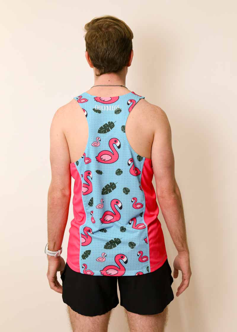 Back view of the men's blue flamingo performance singlet from ChicknLegs.