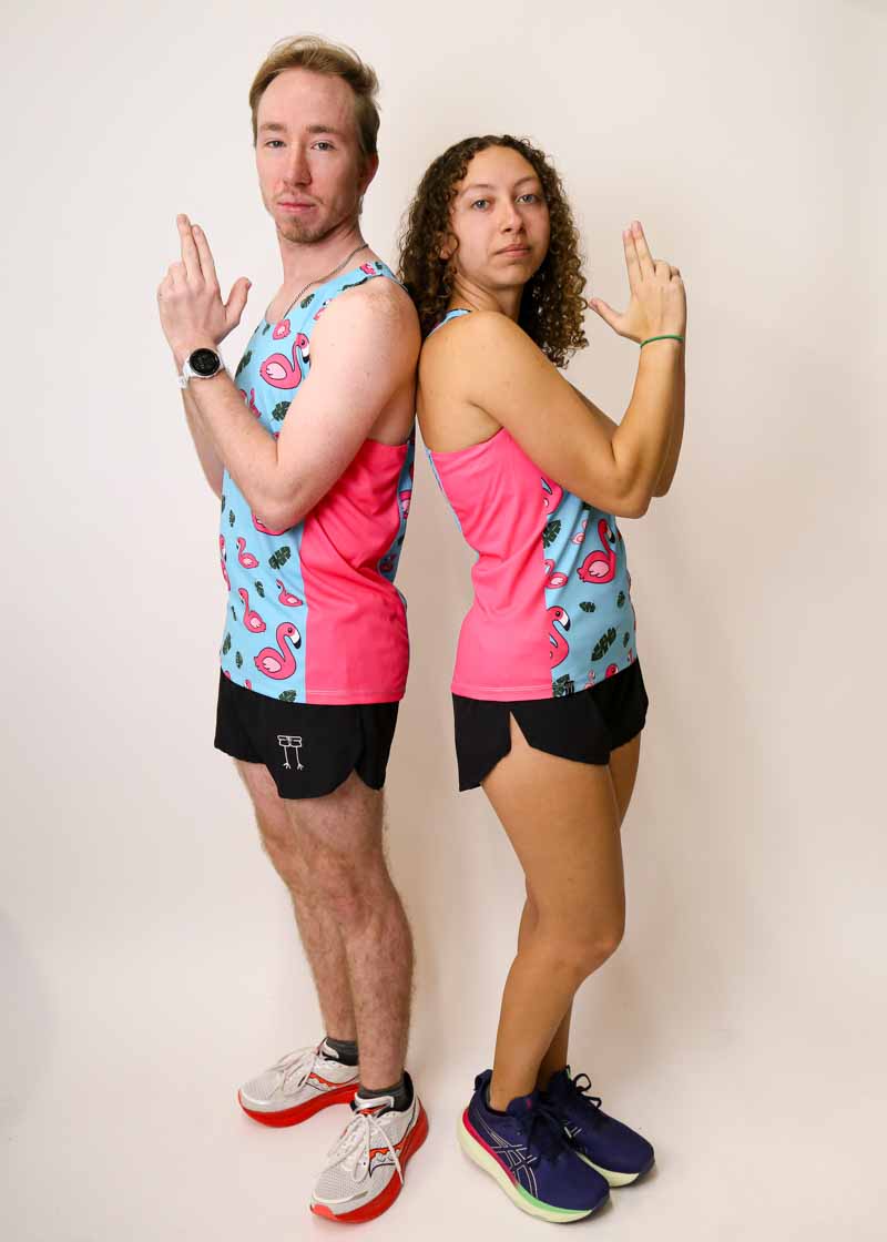 Runners wearing the blue flamingo performance running singlets.