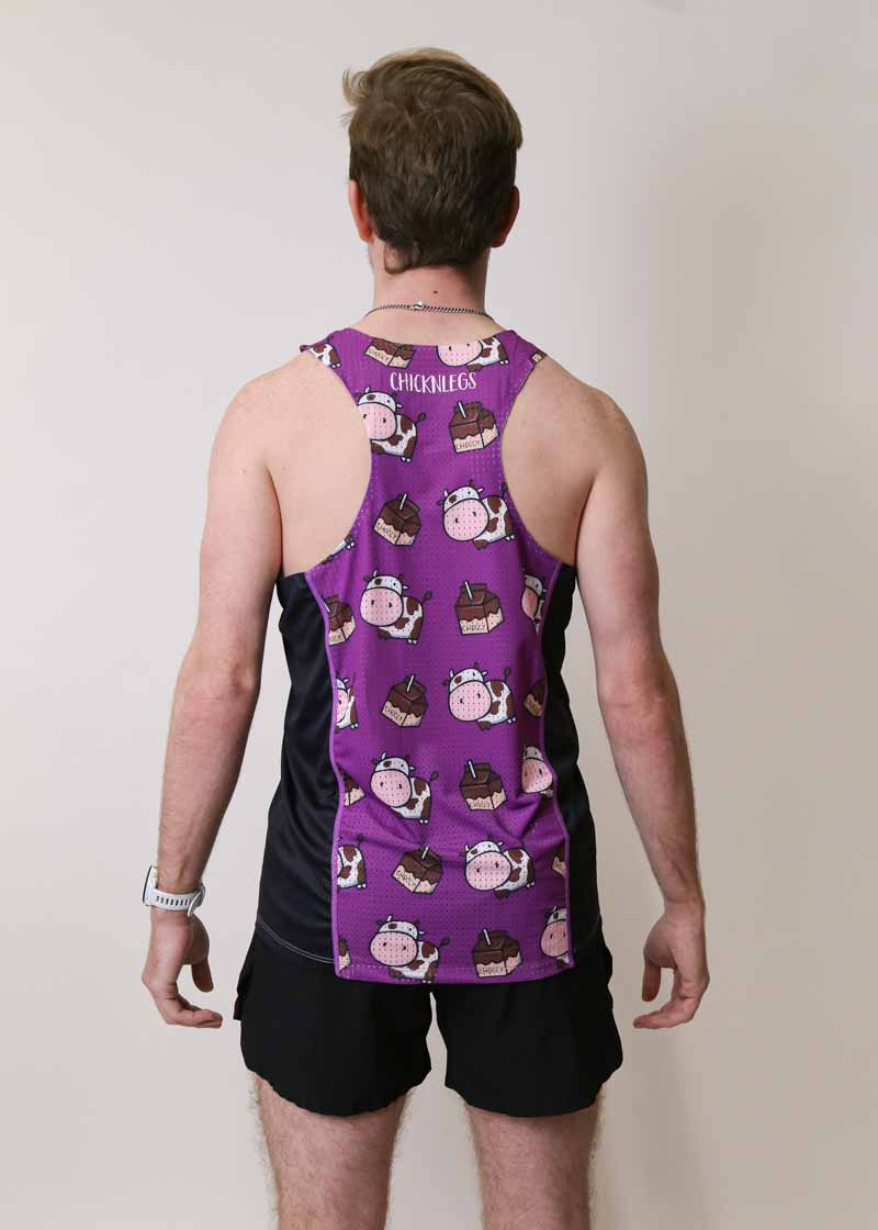 Back view of the mesh paneling on the back of the choccy cows performance running singlet.