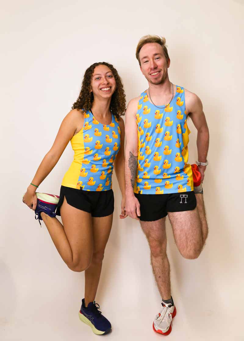 Runners stretching while wearing the rubber ducky performance singlets.