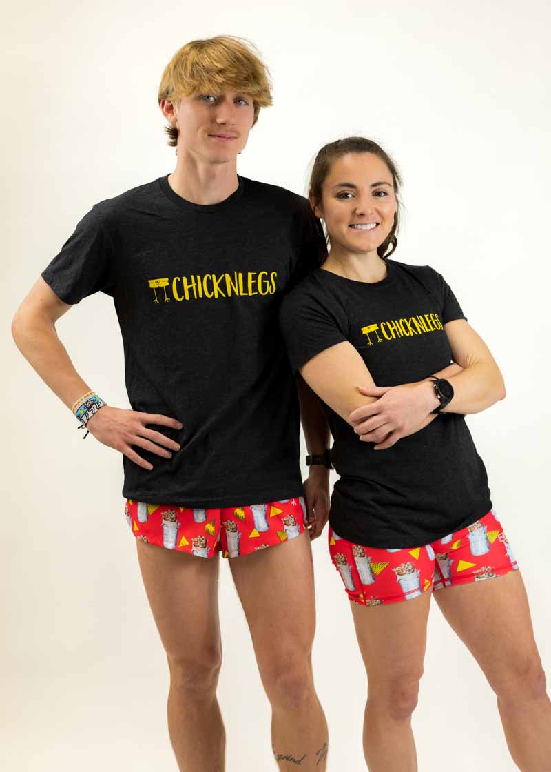Runners wearing matching burrito running shorts and performance tees.