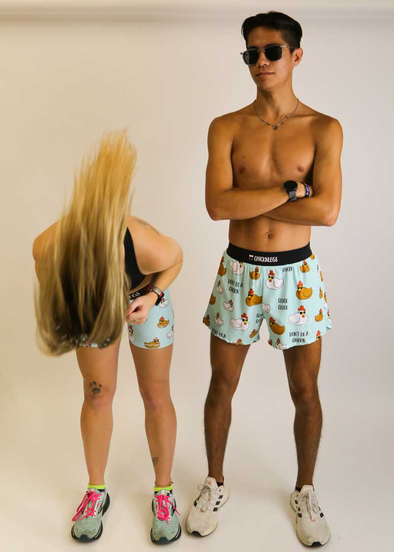 Funny photo of runners wearing sunglasses and swaggy chicken running shorts from ChicknLegs.