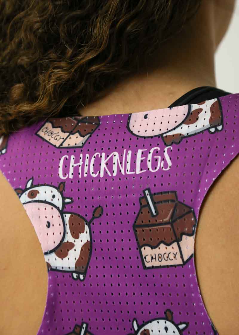 Closeup view of the back mesh paneling of our choccy cows performance running singlets.