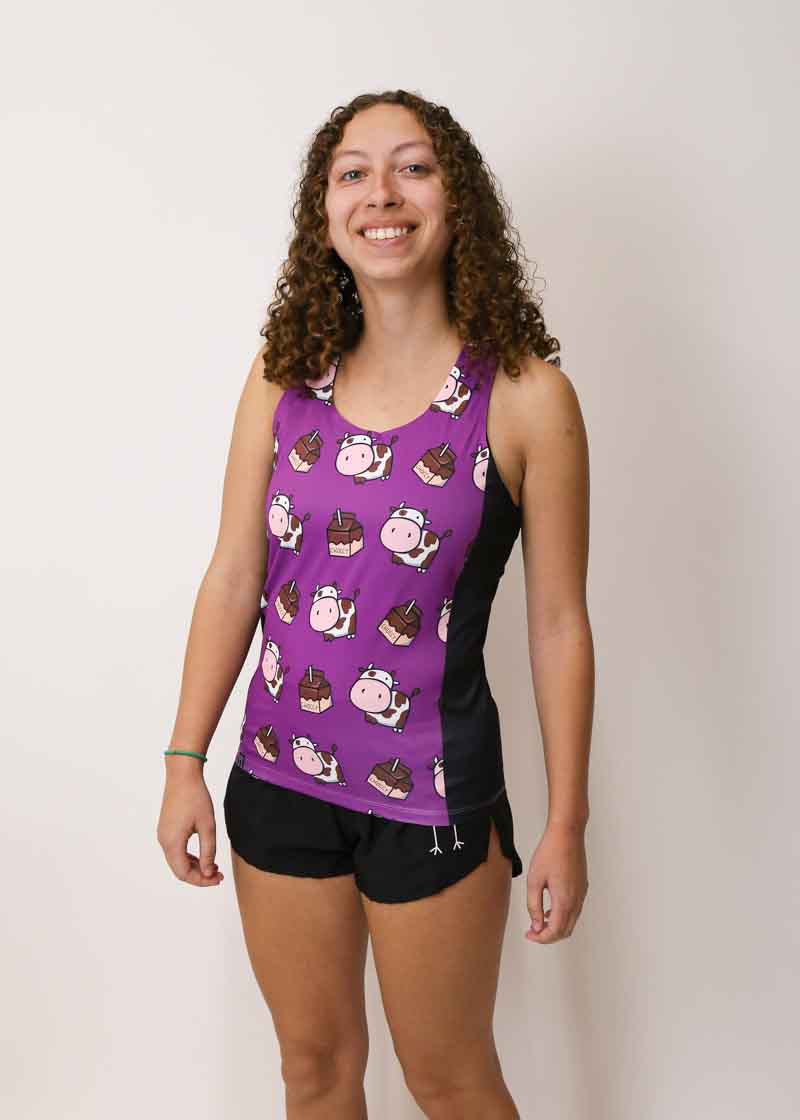 Side view of the women's running singlet with our best selling Choccy Cows design.