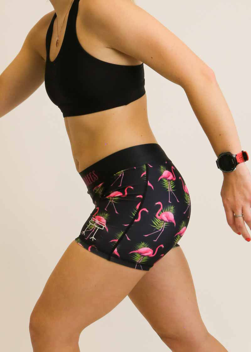 Left side view of the women's 3 inch flamingo compression running shorts.