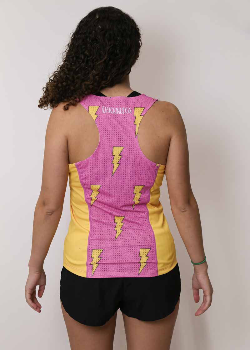 Back view of the ChicknLegs performance running singlet in our pink bolts design.