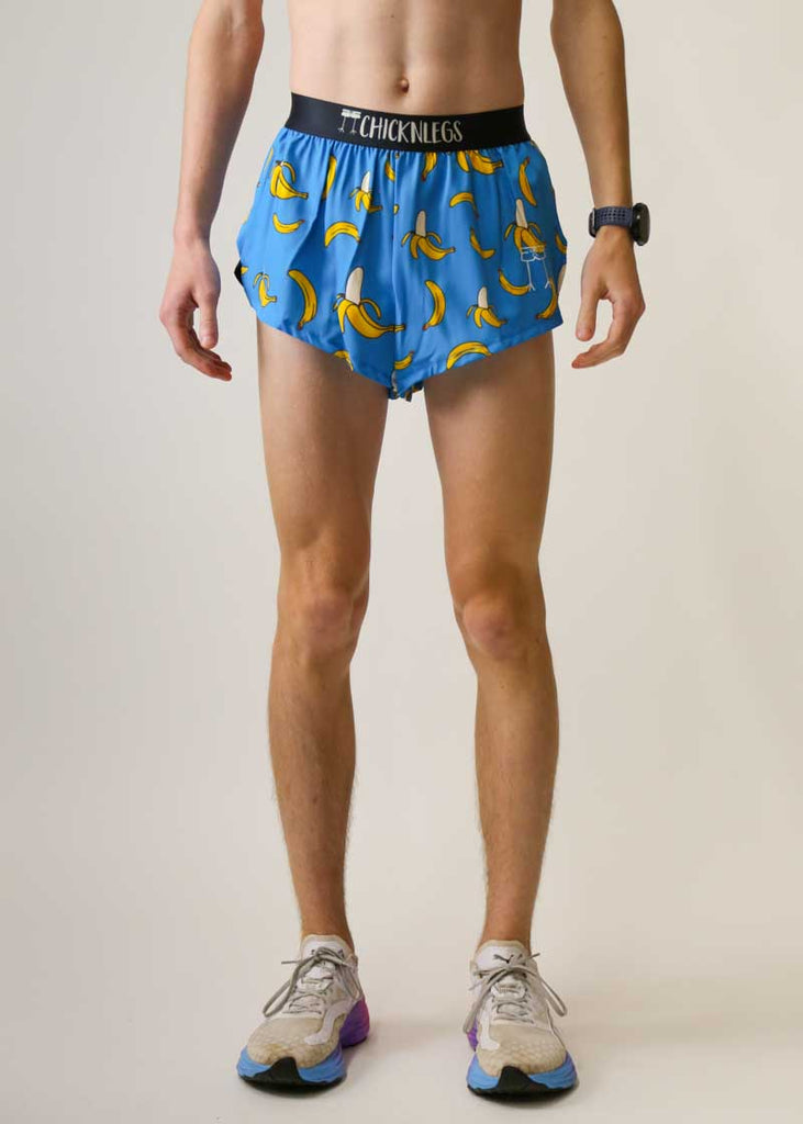 front closeup view of the men's 2 inch blue bananas running shorts.