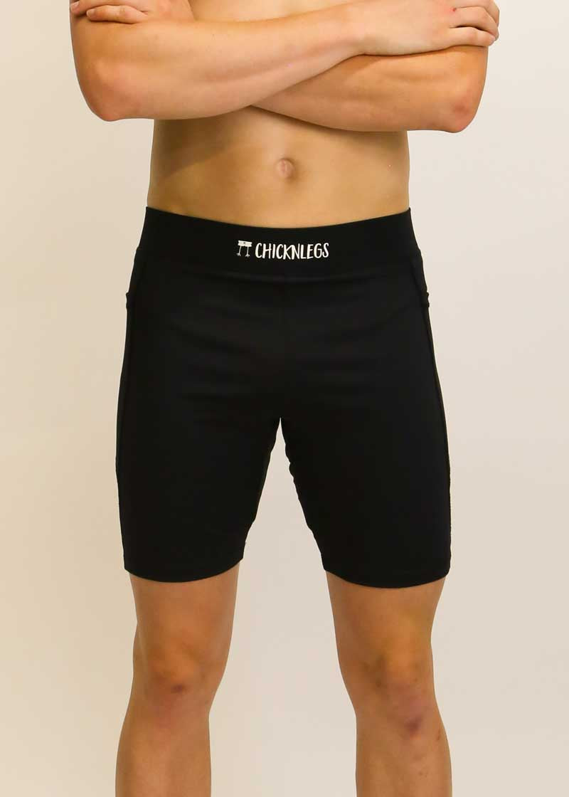 Front closeup of the men's black 8 inch half tights from ChicknLegs.
