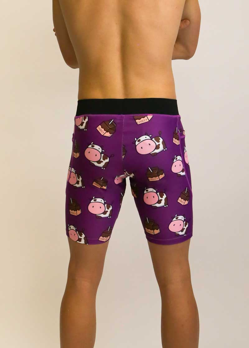 Back view of the men's choccy cows 8 inch compression half tights from ChicknLegs.