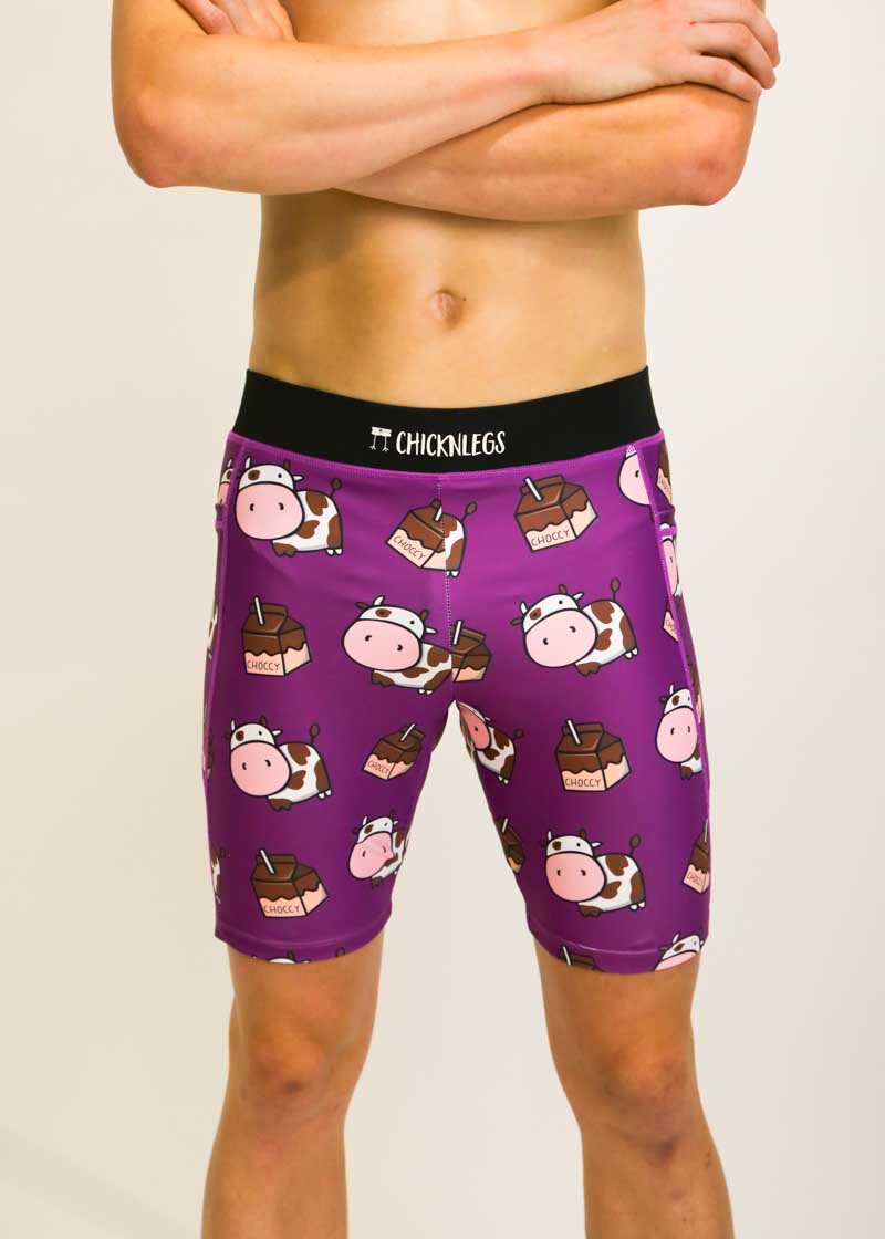 Front view of the men's 8 inch compression choccy cows half tights.