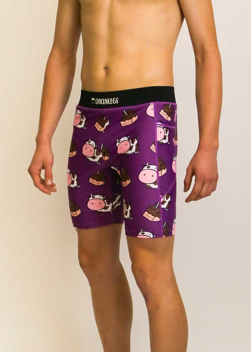 Side view of the men's 8 inch choccy cows half tights.