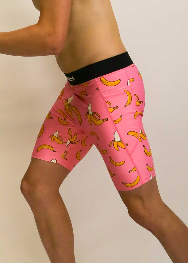 Side view of the pink banana half tights.