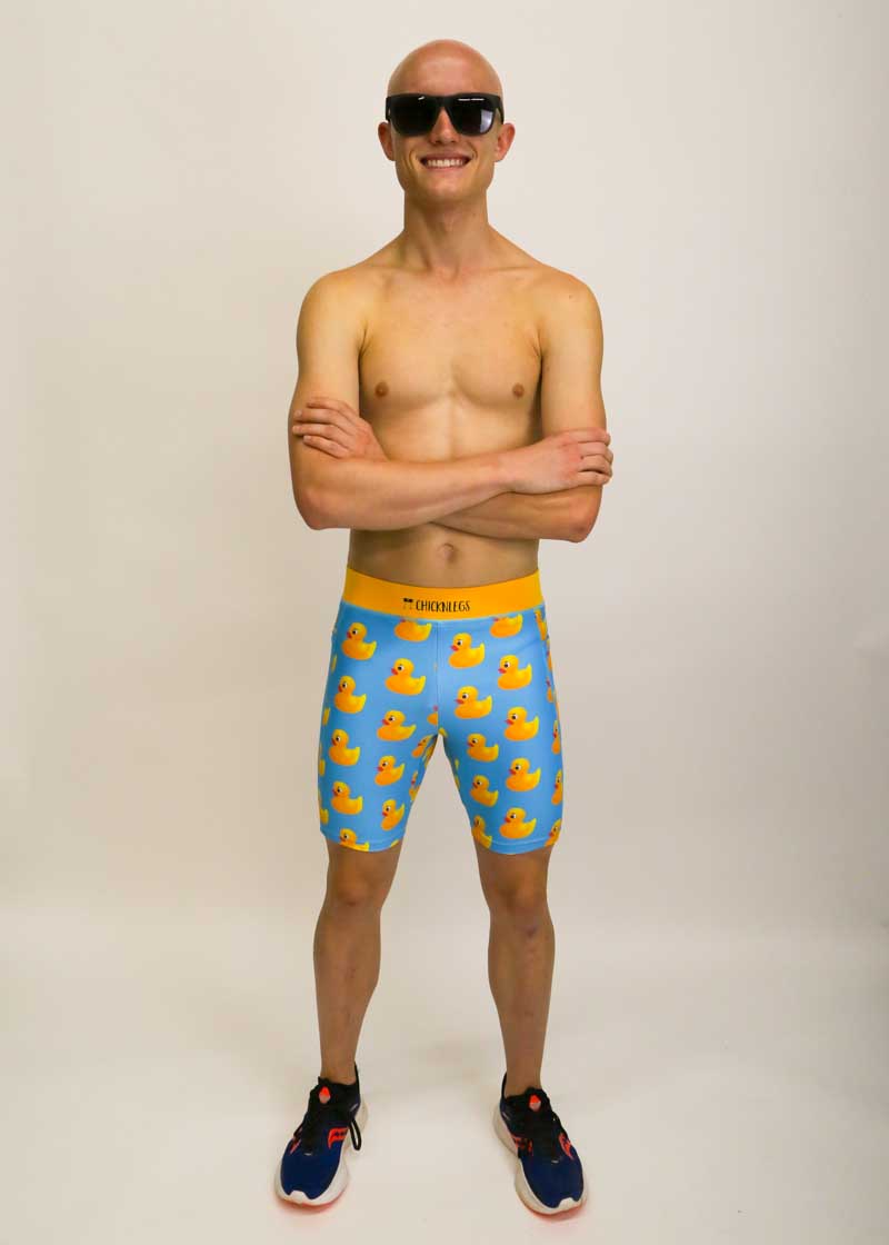 Runner wearing the ChicknLegs rubber ducky half tights and shades.