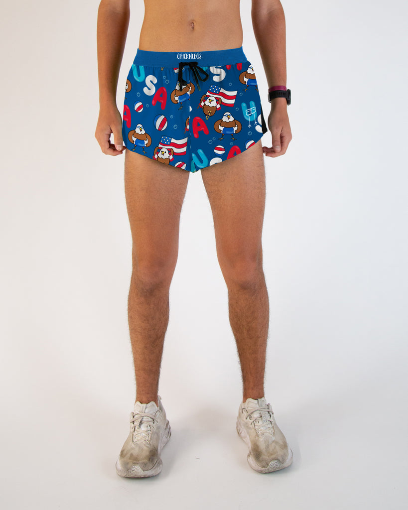 Runner is wearing ChicknLegs in the men's 2 in split running shorts. These shorts have drawstrings. The print has eagles and red white and blue colors on it. Great for 4th of july and proud americans.