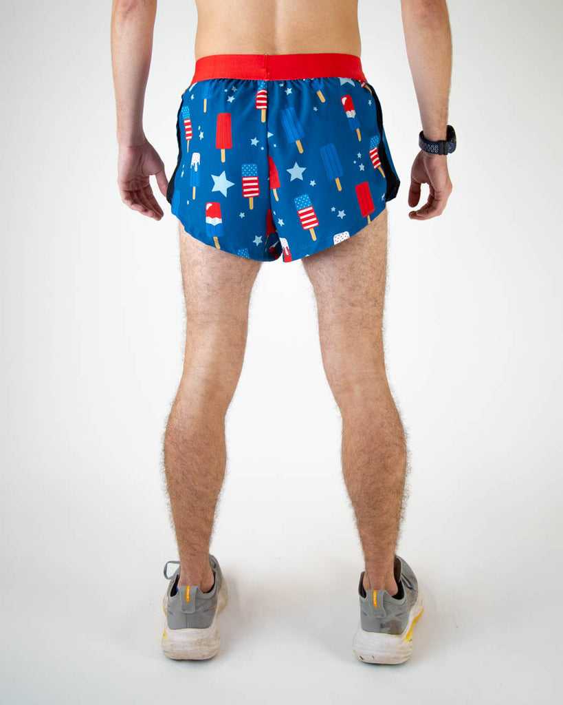 Runner is wearing ChicknLegs in the men's 2 in drawstring split running shorts in the USA Popsicle design. The print has fun vibrant red, white and blue all over it. Great for fourth of july and show some america pride!