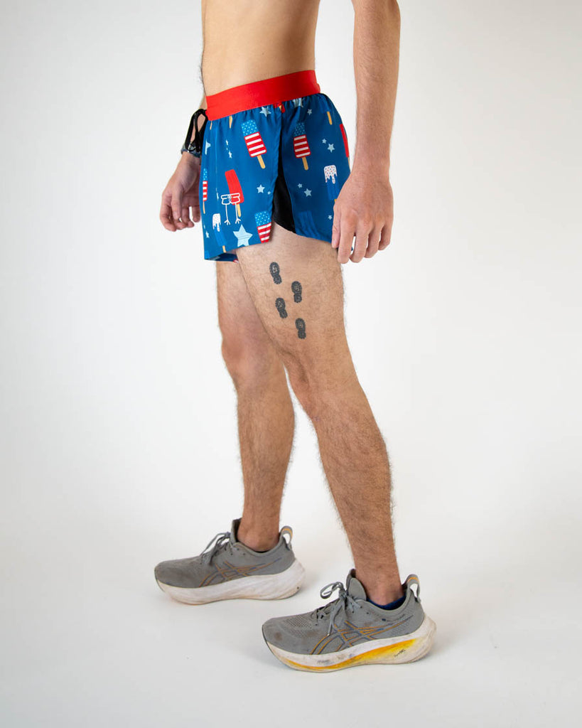 Runner is wearing ChicknLegs in the men's 2 in drawstring split running shorts in the USA Popsicle design. Great for working out, running, long distance, weight lifting, hiking, track and field, and more!