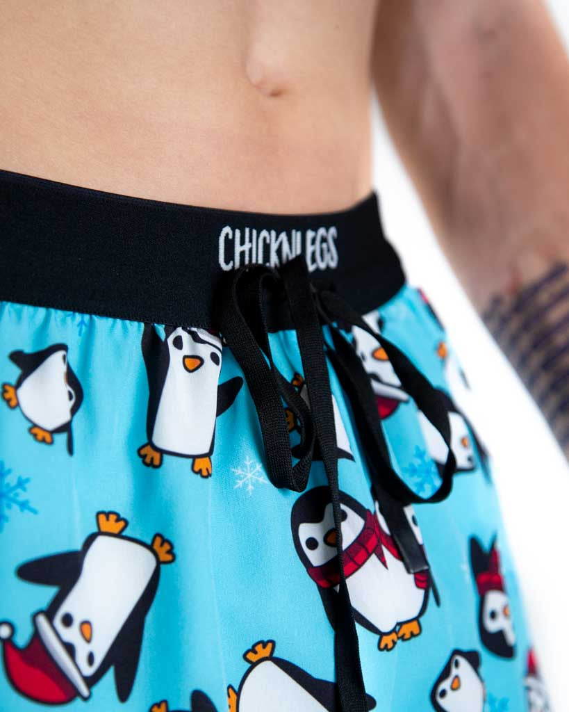 Close-up detail of ChicknLegs Men’s 2-inch DS Split Running Shorts fabric and construction, showing the drawstring waistband.