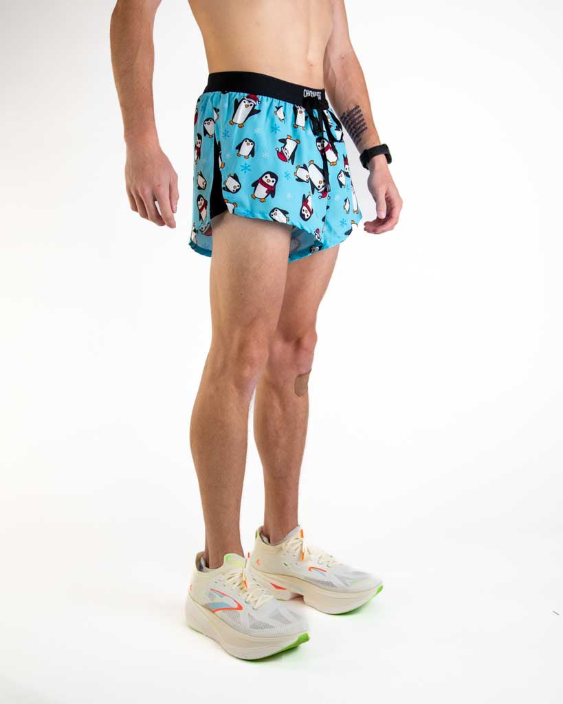 Right side view of ChicknLegs Men’s 2-inch DS Split Running Shorts highlighting the soft elastic drawstring waistband, breathable black mesh liner, and inner pocket for essentials.