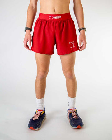 Front view of ChicknLegs men’s 4-inch split running shorts with elastic waistband, breathable liner, solid cardinal red print.