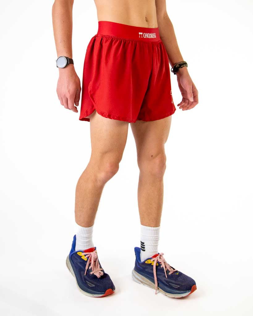 Right side view of ChicknLegs men’s 4-inch solid cardinal red with matching cardinal red waistband.