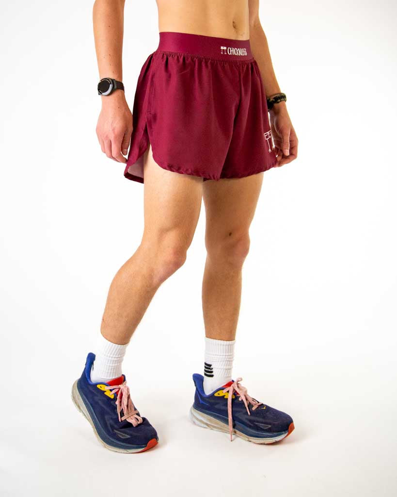 Right side view of ChicknLegs men’s 4-inch solid maroon color and matching maroon waistband.