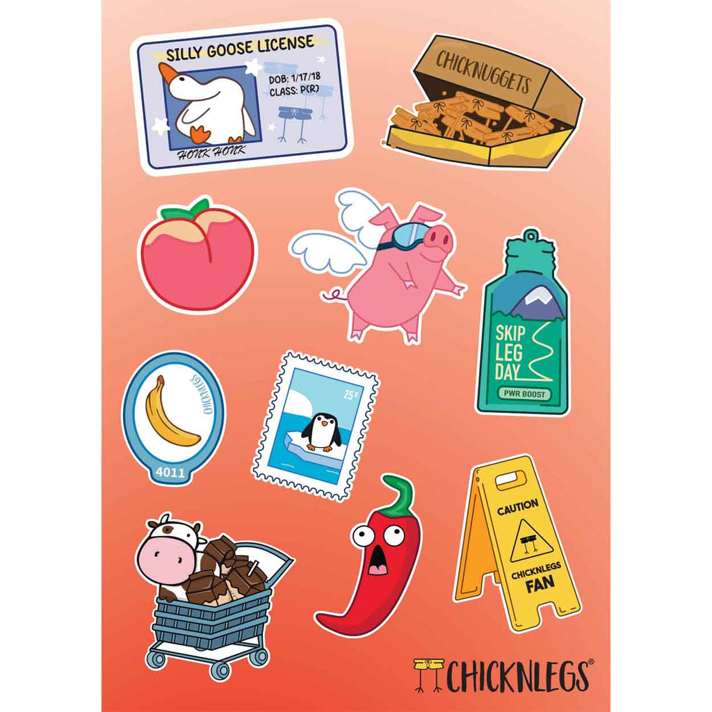 Red sticker pack featuring 10 fun cartoon ChicknLeg characters from their shorts series and or design.