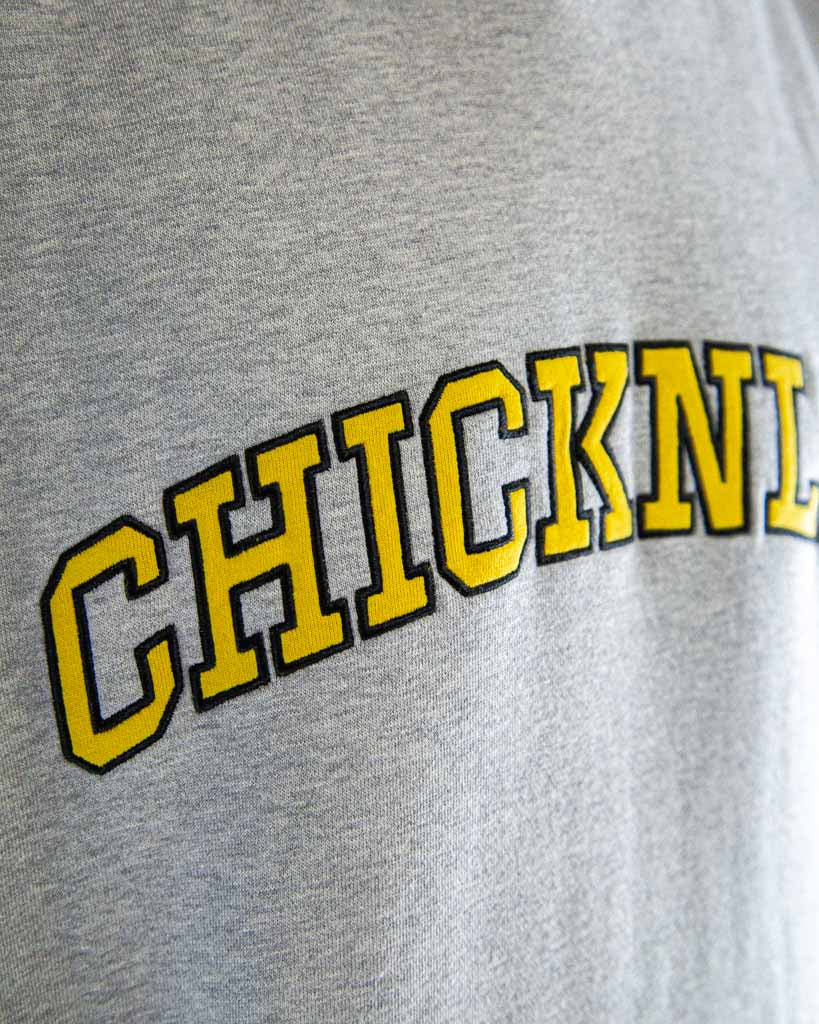 Close-up detail of ChicknLegs Varsity Oversized Unisex Hoodie fabric and construction, featuring embroidered logo stitching.