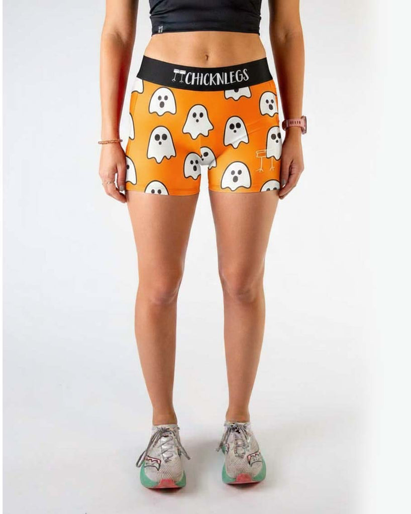 Runner is wearing ChicknLegs in the women's 3 inch compression spandex shorts in the ghost design. 
