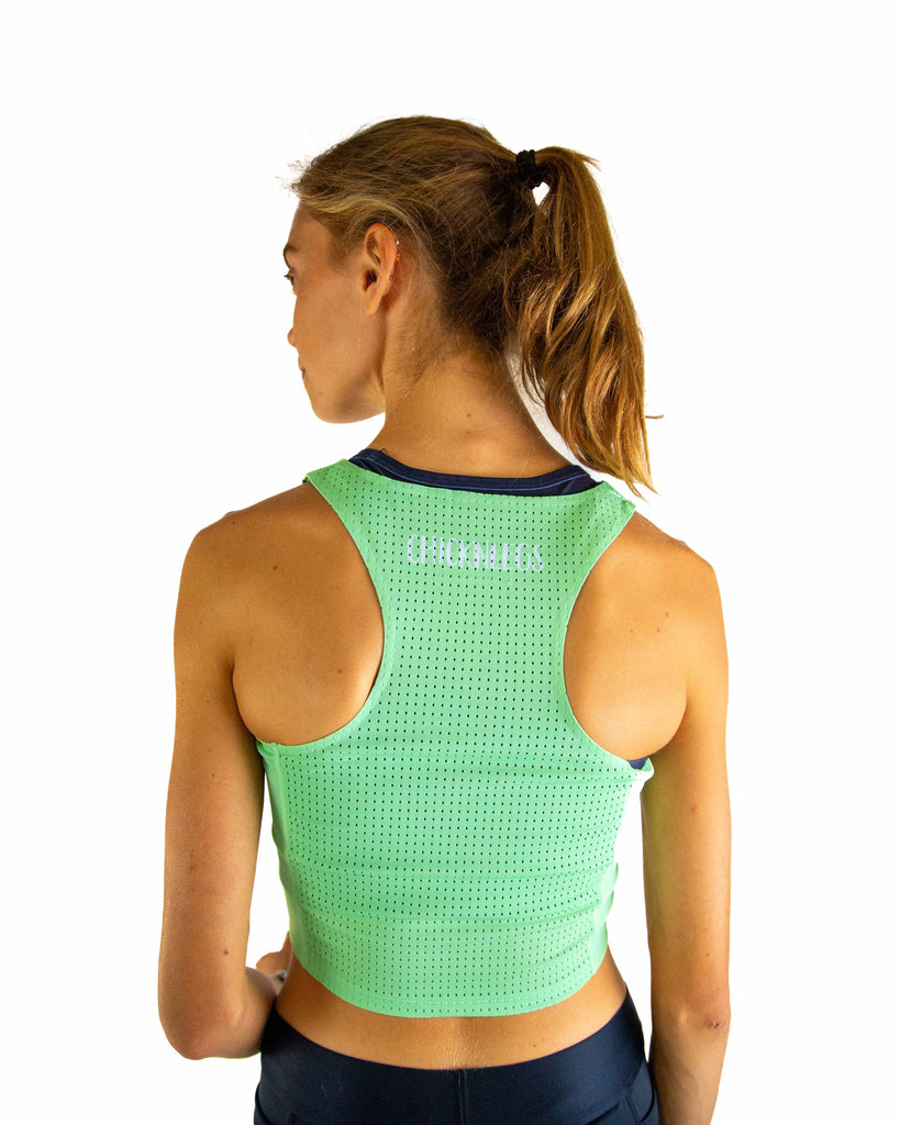 Back view of ChicknLegs Women’s PWR Crop Top showcasing the breathable mesh back panel for ventilation and comfort during runs.