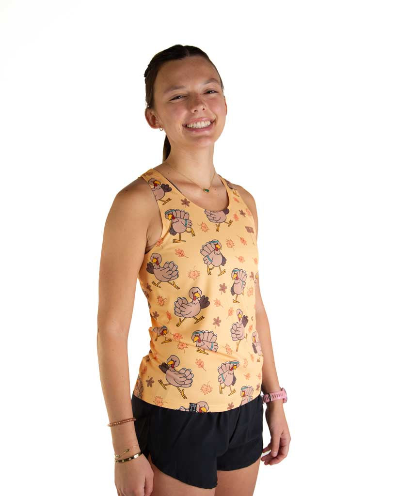 Right side view of ChicknLegs Performance Running Singlet featuring the breathable, quick-dry fabric and seamless arm opening for a smooth fit featured in the pardoned turkey design.