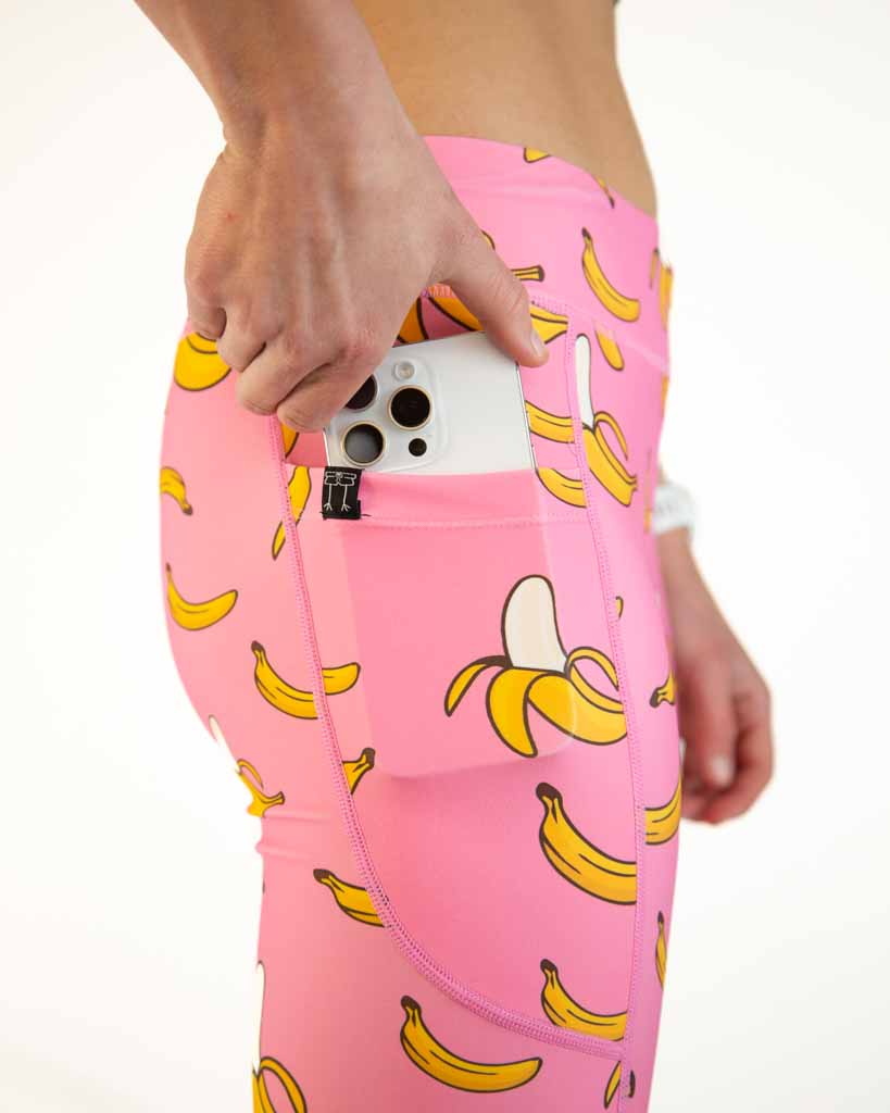 Close-up detail of ChicknLegs Women’s Leggings side pocket with phone featuring fabric and construction, buttery-soft performance material, flat seams for comfort, and pocket stitching detail.”