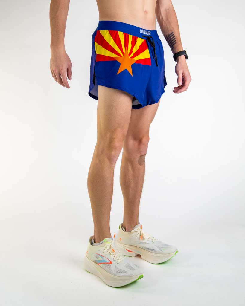 Right side view of ChicknLegs Men’s 2-inch DS Split Running Shorts highlighting the soft elastic drawstring waistband, breathable black mesh liner, and inner pocket for essentials.