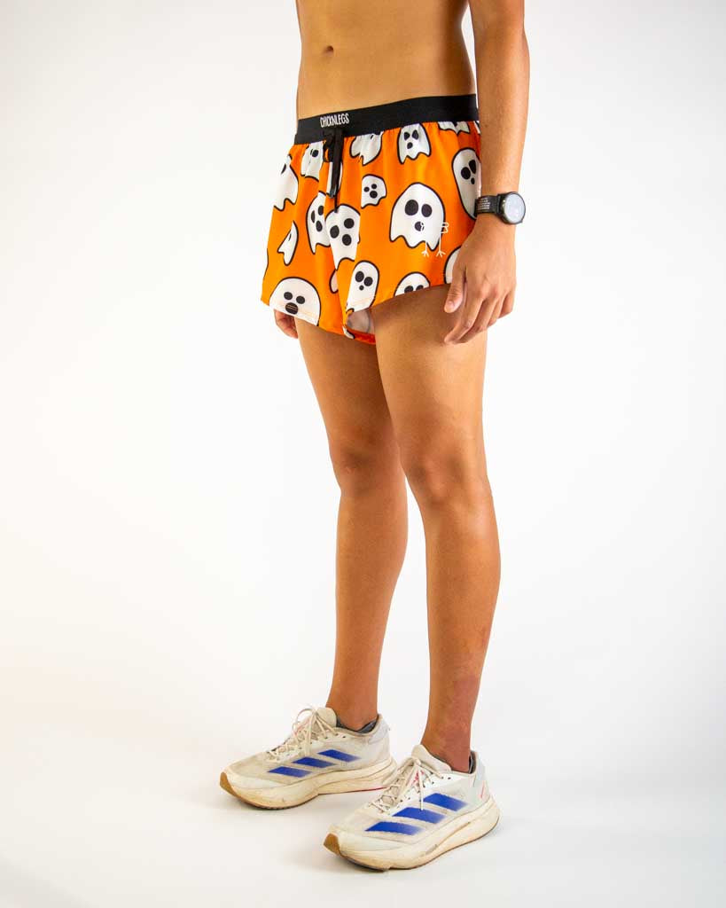 Left side view of ChicknLegs men’s 2-inch split running shorts with adjustable waistband.