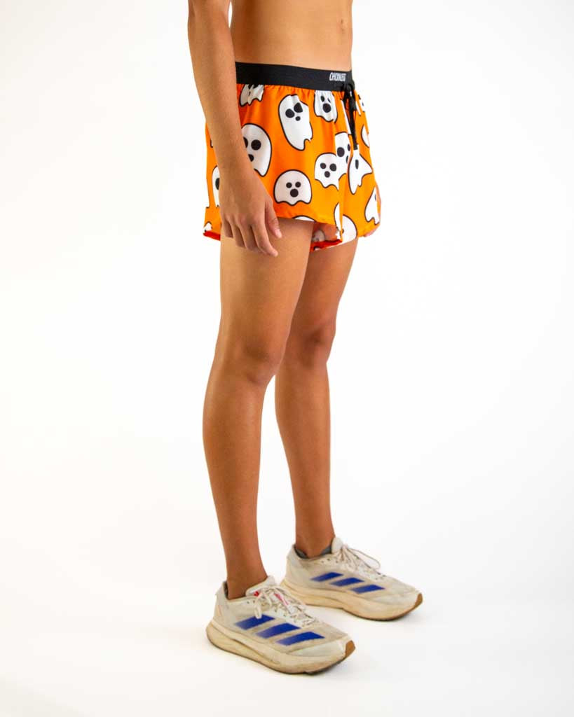 Right side view of ChicknLegs men’s 2-inch ghost design in the split running shorts.