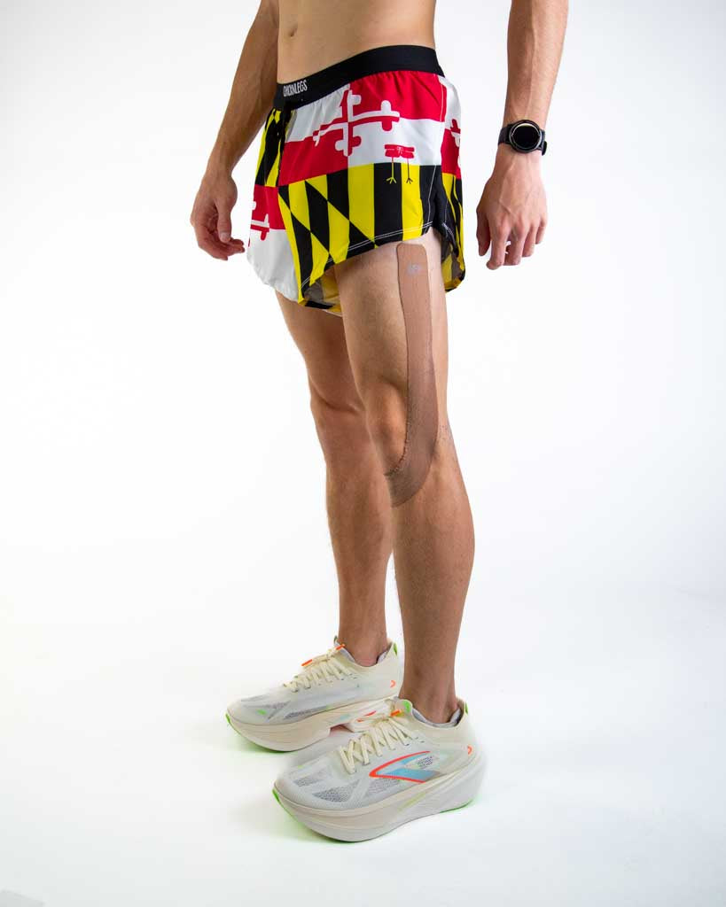 Left side view of ChicknLegs Men’s 2-inch DS Split Running Shorts showing the split leg design for mobility, lightweight fabric, and smooth waistband that stays in place.