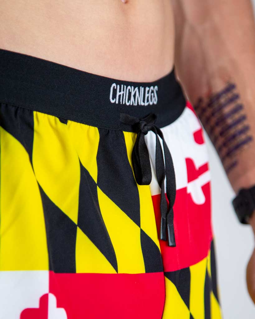 Close-up detail of ChicknLegs Men’s 2-inch DS Split Running Shorts fabric and drawstring waistband.