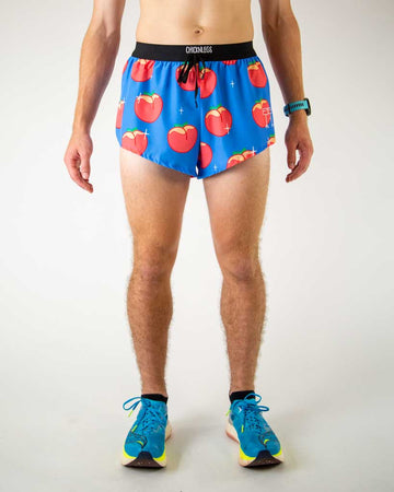 Front view of ChicknLegs men’s 2-inch split running shorts with drawstring, breathable liner, blue background and juicy peaches design.