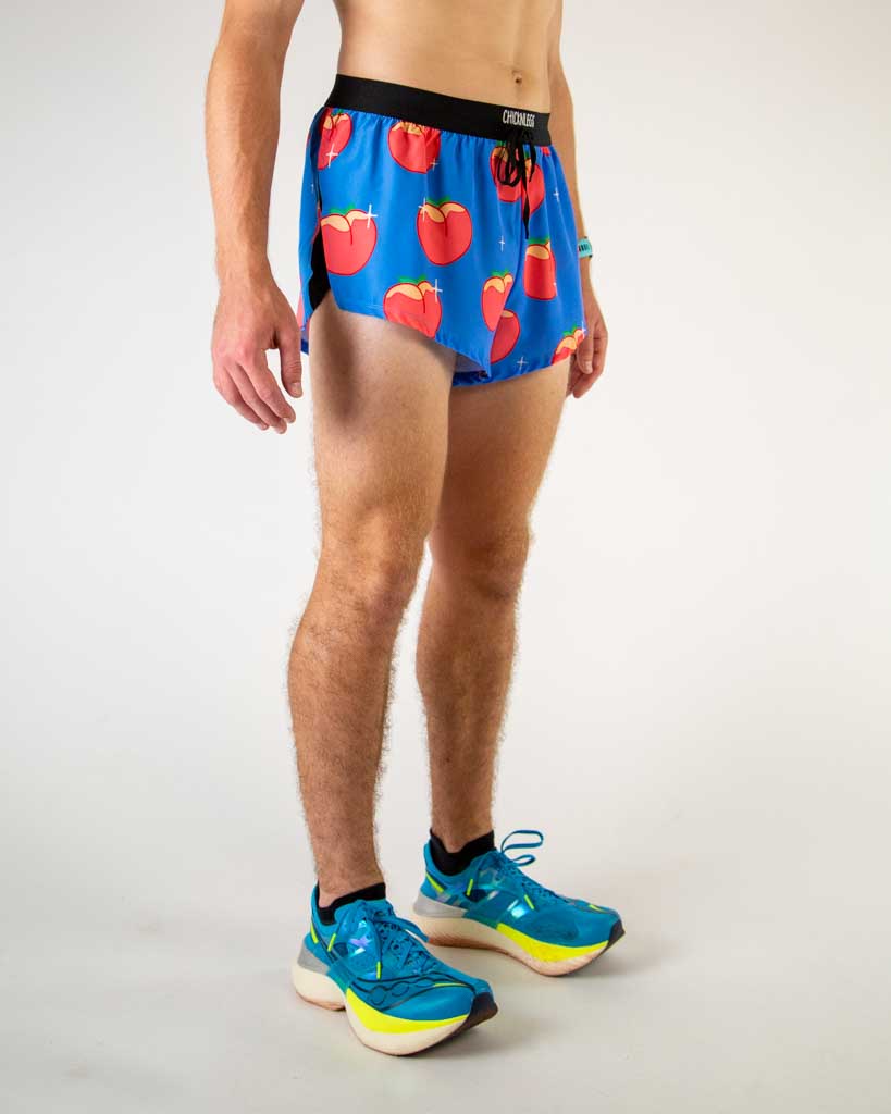 Right view of ChicknLegs men’s 2-inch split running shorts with drawstring, breathable liner, blue background and juicy peaches design.
