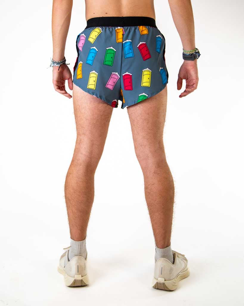 Back view of ChicknLegs men’s 2-inch split running shorts in blue with colorful porta potty pattern, showing elastic waistband and breathable liner.