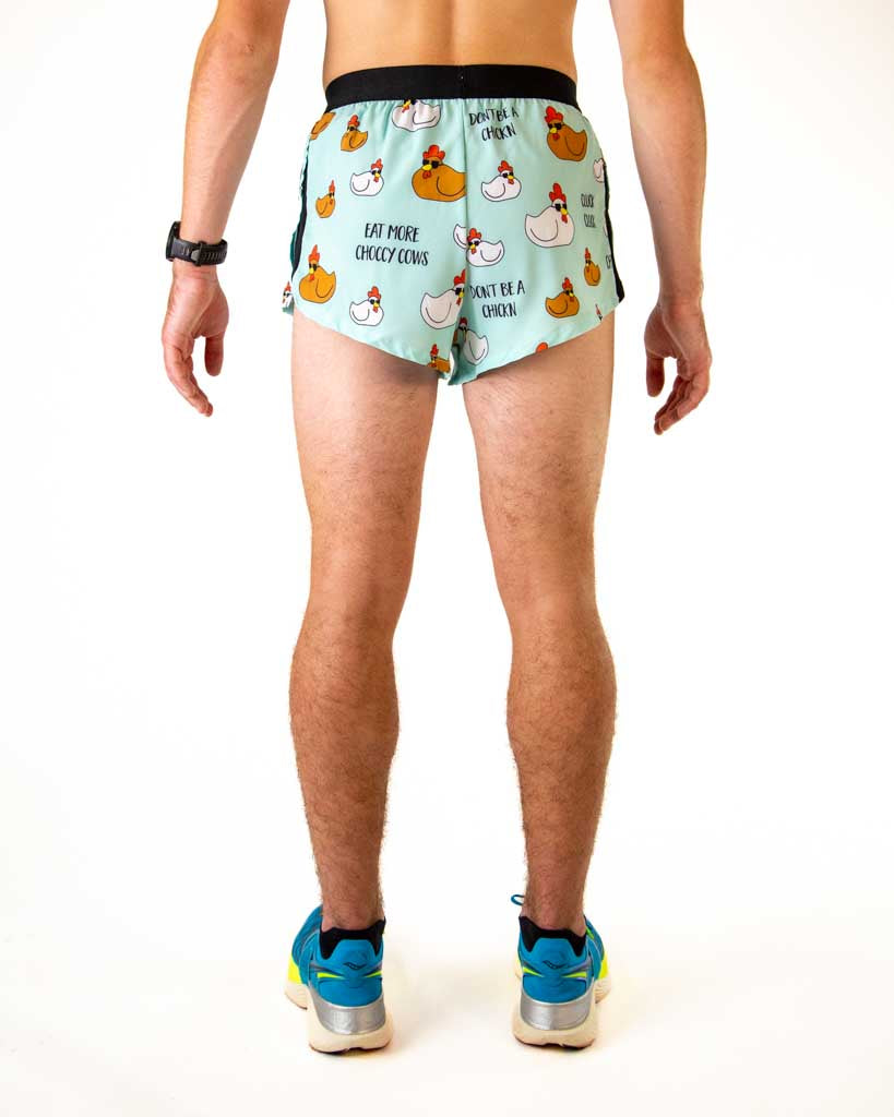 Back view of ChicknLegs men’s 2-inch split running shorts in light blue with white and brown chicken pattern, showing elastic waistband and breathable liner.
