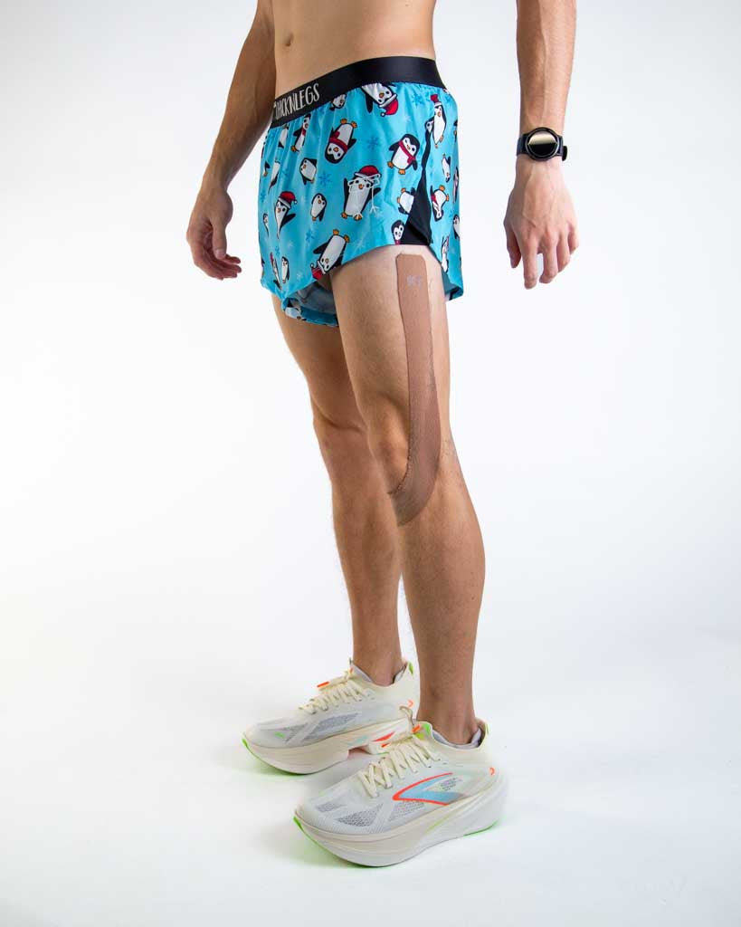Left side view of ChicknLegs Men’s 2-inch Split Running Shorts showing the split leg design for mobility, lightweight fabric, and smooth waistband that stays in place.