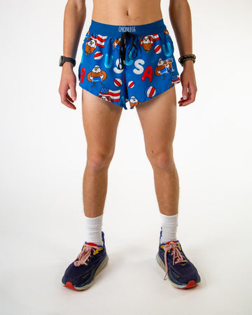Front view of ChicknLegs men’s 2-inch split running shorts with drawstring, breathable liner, blue background and eagles with swim floaties design.
